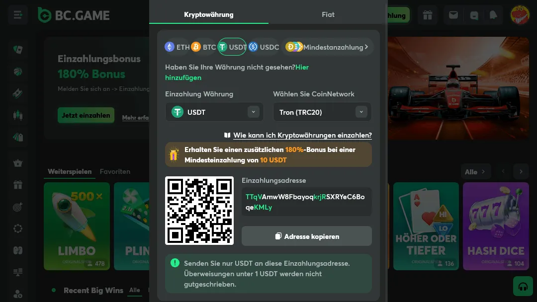 Kryptowährungseinzahlung bei BC.Game Casino Einzahlung mit Kryptowährungen im BC.Game