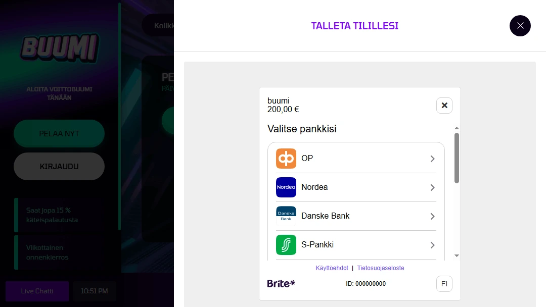 Buumi talletusnäkymä Brite-maksulla