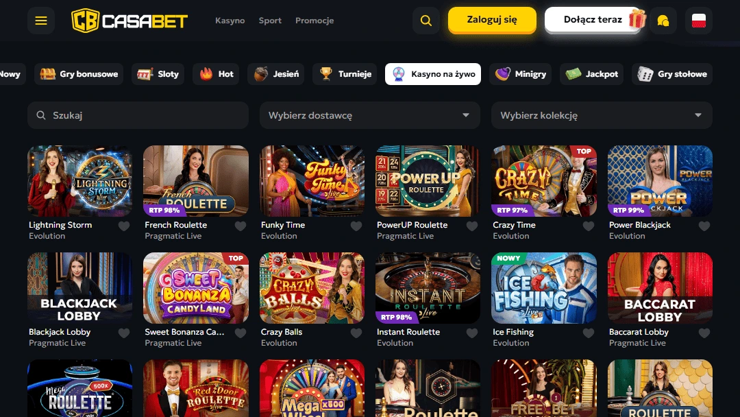 Lobby kasyna na zywo w CasaBet z grami