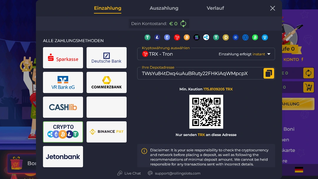 Einzahlung bei Rolling Slots mit TRON