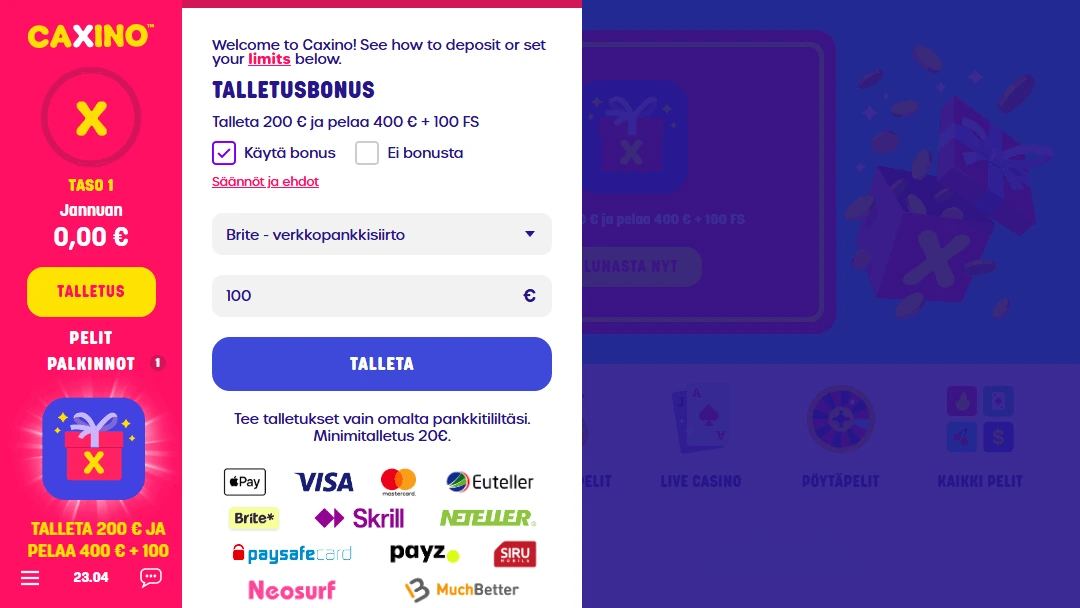 Caxino talletusikkuna Brite-maksulla