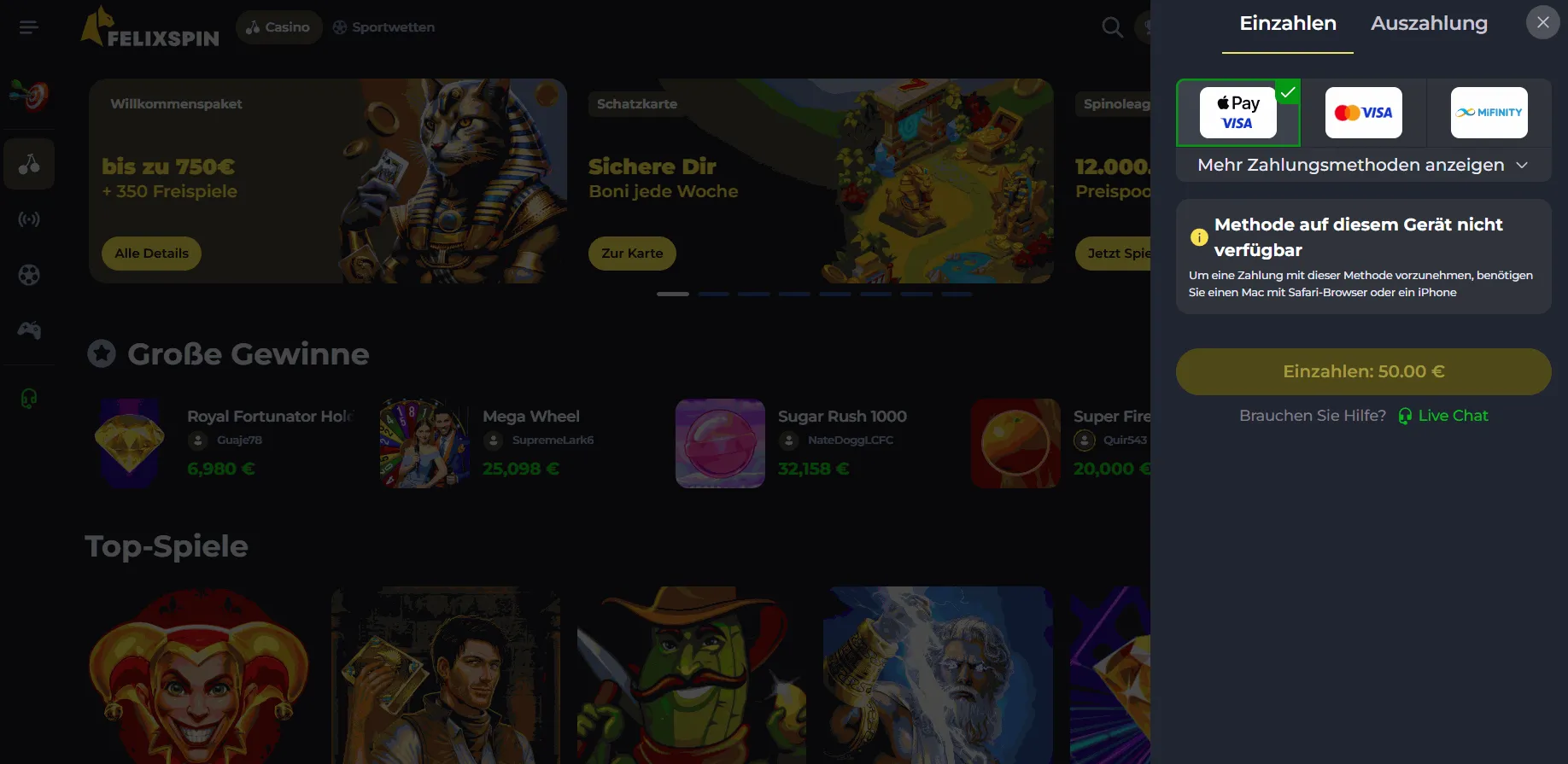 Apple Pay Einzahlungen bei Felixspin Casino Felixspin Casino mit Apple Pay