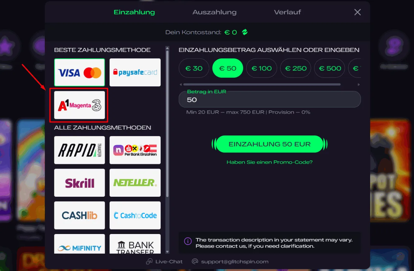Handyrechnung im Glitch Spin Casino Glitch Spin Casino Handyrechnung Bezahlen