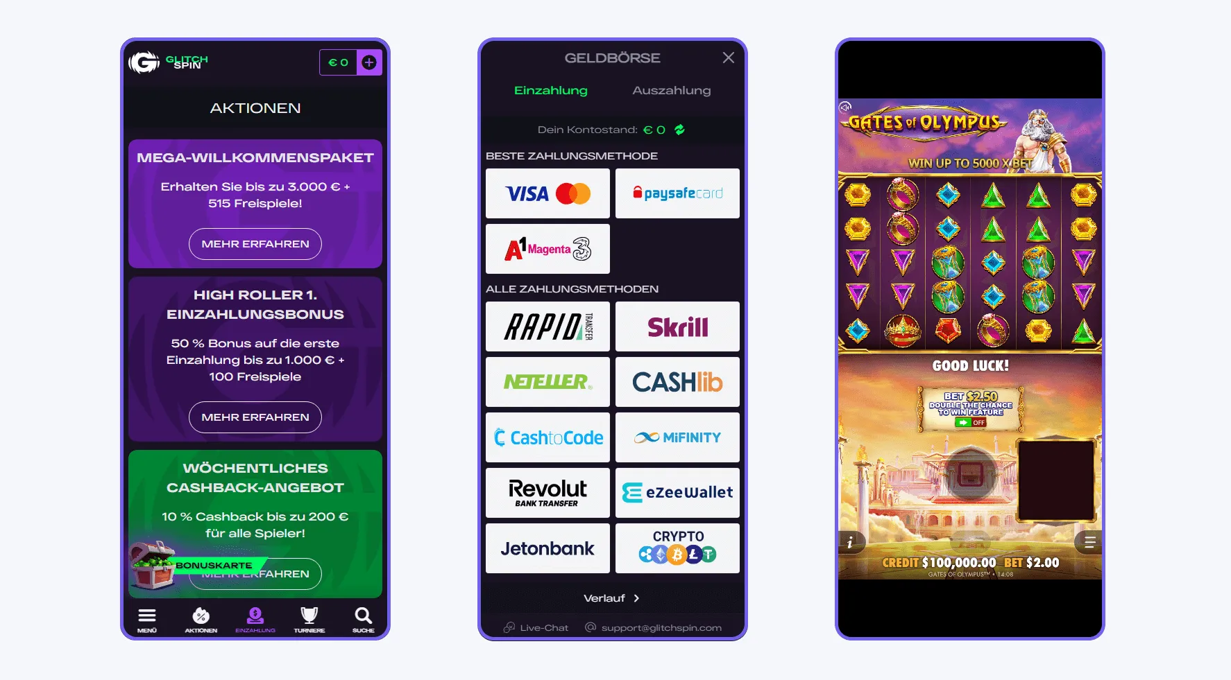 GlitchSpin Mobile Casino – Aktionen, Zahlungen und Spiele Mobile Casino Oberfläche von GlitchSpin