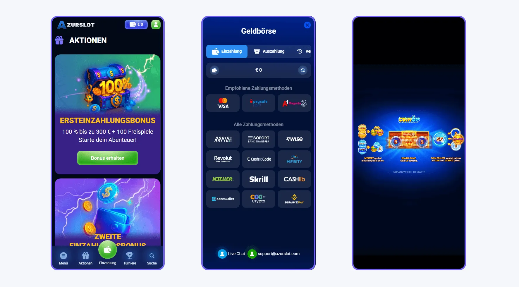 AzurSlot Mobile Casino – Bonusaktionen, Einzahlungen und Spiele Mobile Casino Oberfläche von AzurSlot