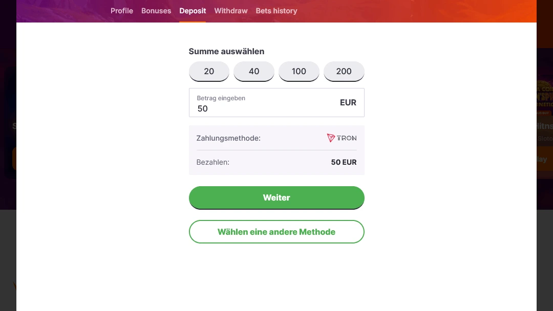 Einzahlung im HitnSpin mit TRON