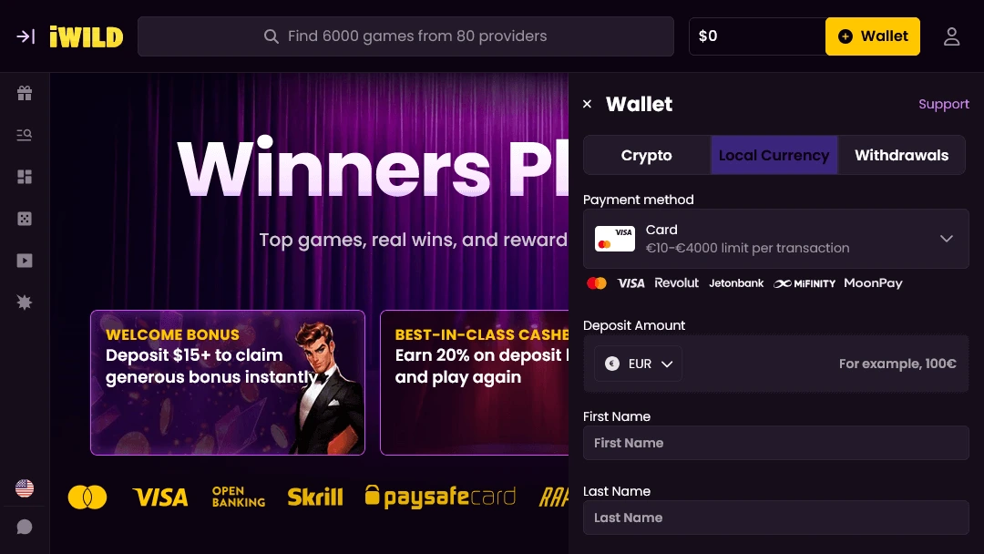 iWild Visa Deposit iWild Casino wallet showing Visa/Mastercard