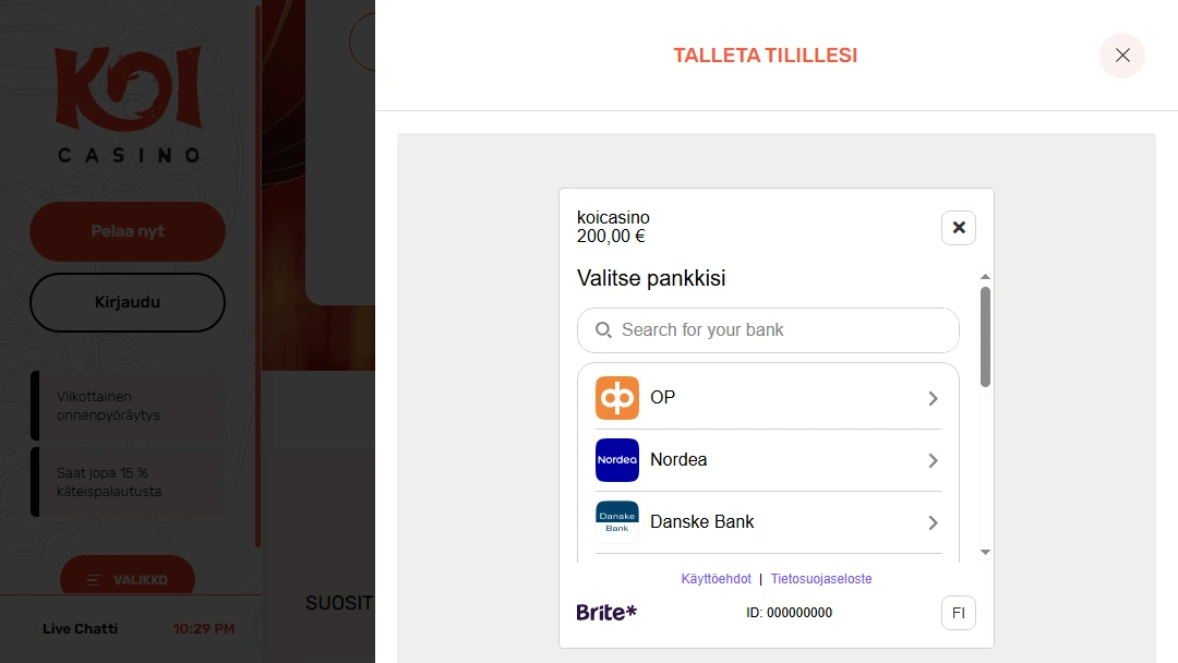 Koi Casino talletusnäkymä Brite-maksulla