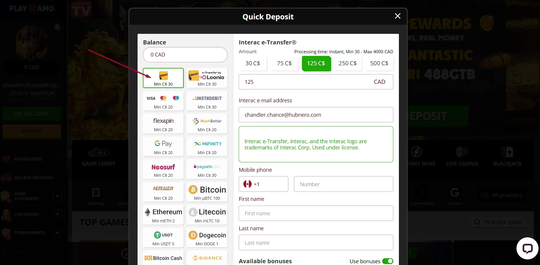 Playamo Interac Payment