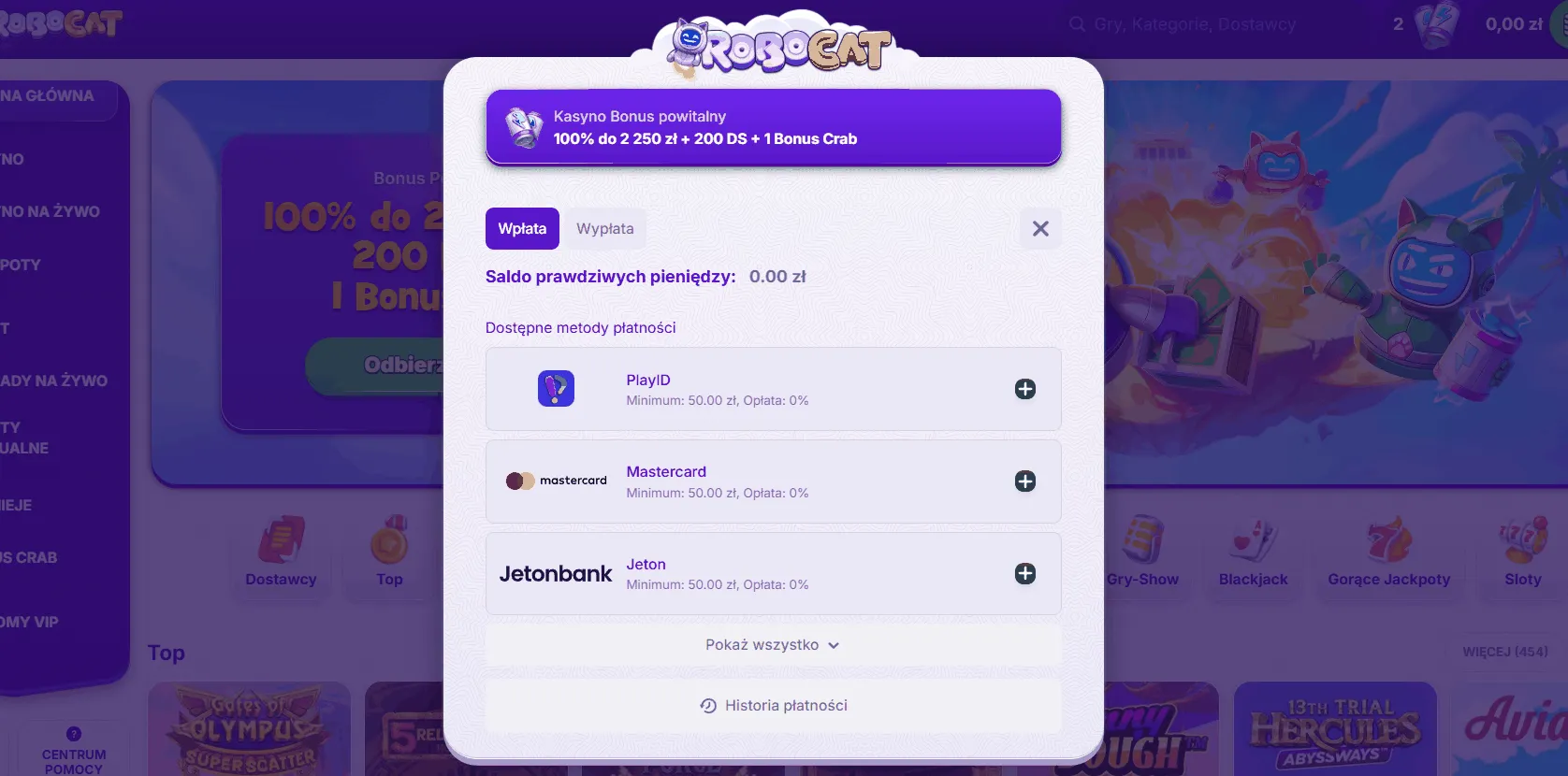 RoboCat kasyno metody wpłat Wpłata w RoboCat kasyno