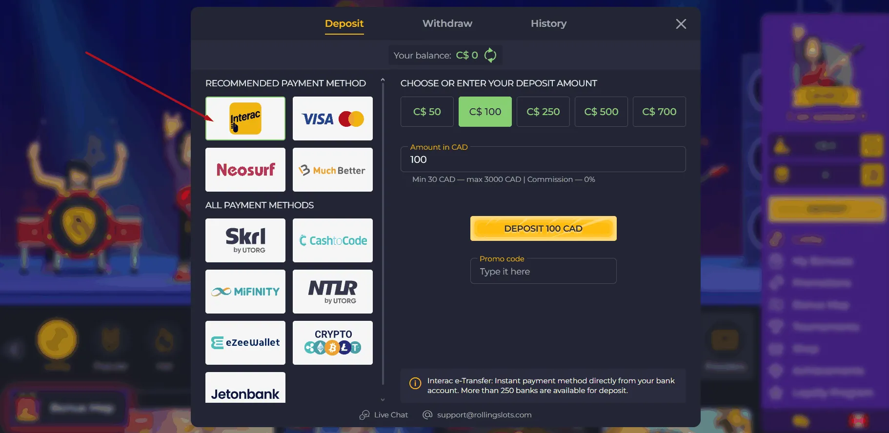 Rolling Slots Interac Payment