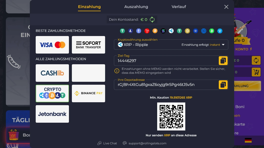 XRP-Einzahlung bei Rolling Slots