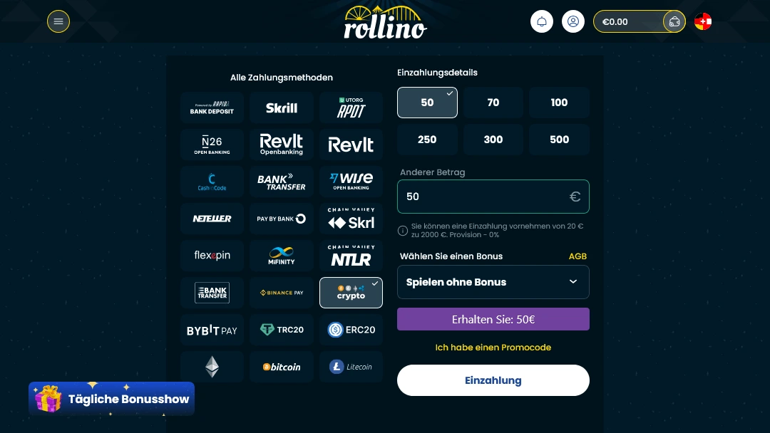 Einzahlungsoberfläche bei Rollino Casino
