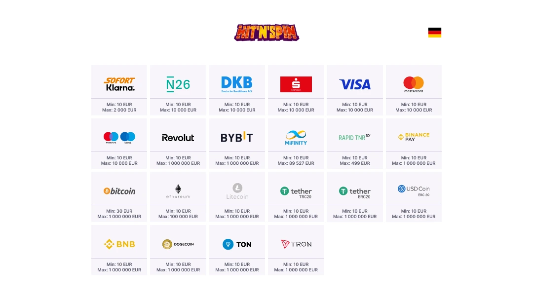 Hit N Spin Casino – Zahlungsmethoden, Einzahlungs- und Auszahlungslimits in Euro Übersicht der verfügbaren Zahlungsmethoden bei Hit N Spin