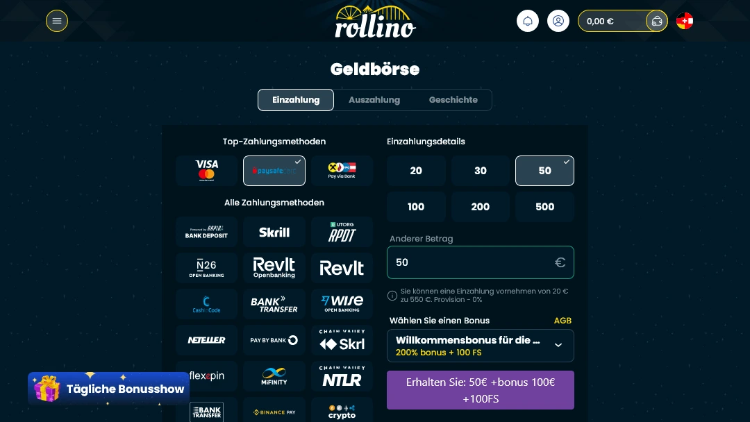 Rollino Casino – Einzahlungen, Zahlungsmethoden und Willkommensbonus Rollino Casino Geldbörse
