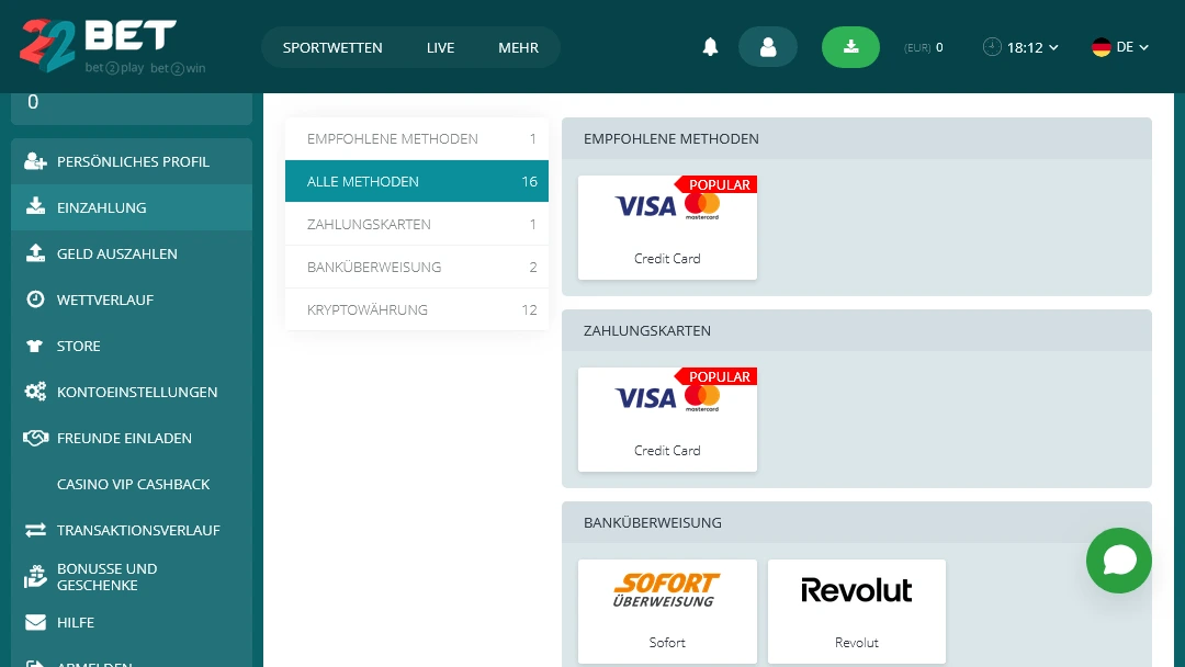 Einzahlungsmethoden bei 22bet Casino 22bet Casino Einzahlungsbereich