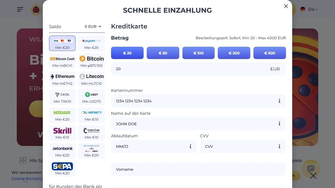 Visa, Mastercard, Maestro Einzahlung im LuckyStart