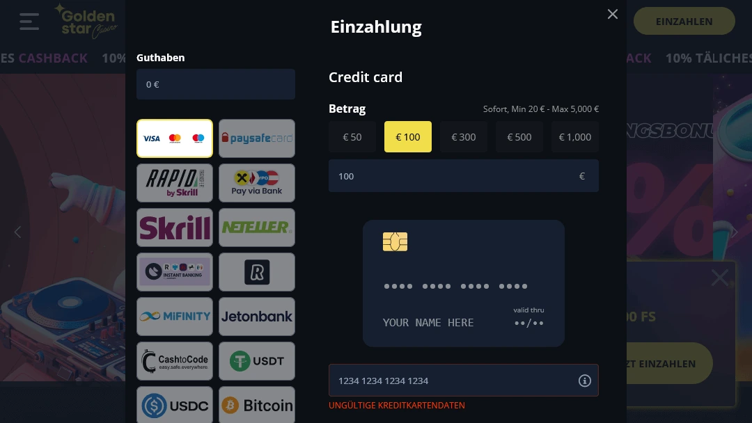 Einzahlungsseite im Golden Star Casino mit Kreditkarten