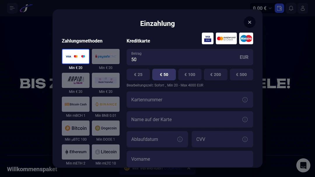 Einzahlungsfenster im Jet4bet mit Maestro, Mastercard, Visa