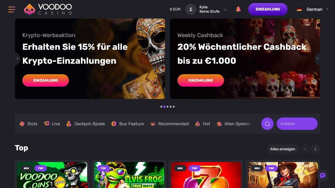 Voodoo Casino – 15 % Krypto-Bonus und 20 % wöchentlicher Cashback Startseite von Voodoo Casino mit Bonusaktionen