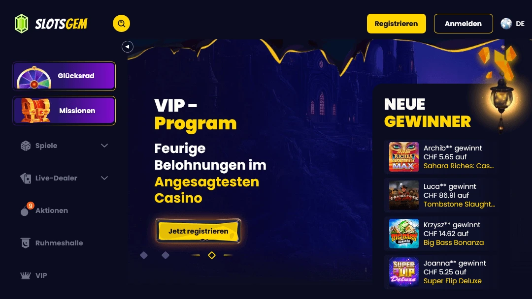 SlotsGem – VIP-Programm und feurige Belohnungen im angesagtesten Casino SlotsGem Casino Startseite mit VIP-Programm