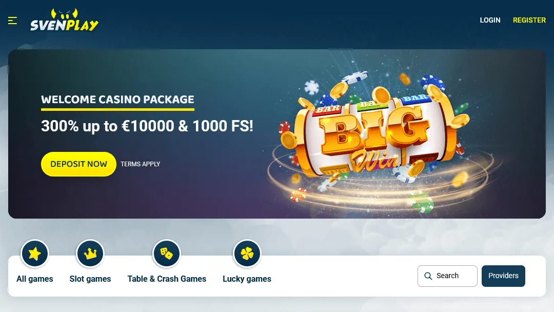 Svenplay Casino welkomstpakket: 300% tot €10.000 en 1000 gratis spins. Svenplay bonusbanner op de homepage