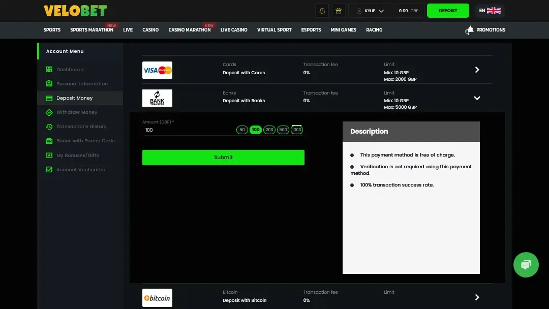 Velobet Bank Transfer deposit