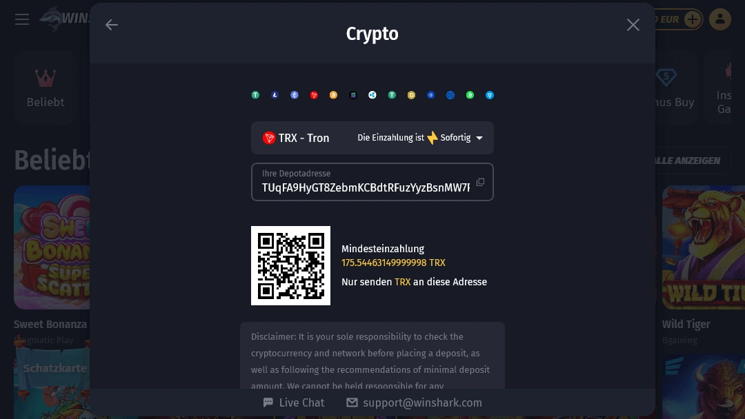 Einzahlung mit TRON im WinShark