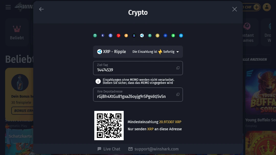 WinShark Casino XRP-Einzahlung
