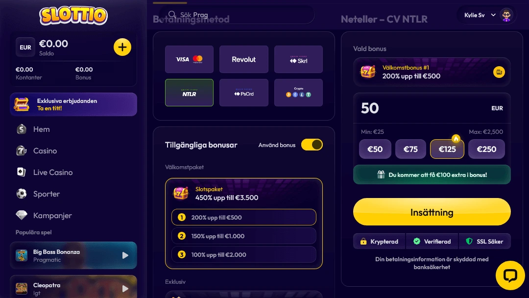 Skärmdump av Slottio Casino-insättning med Neteller