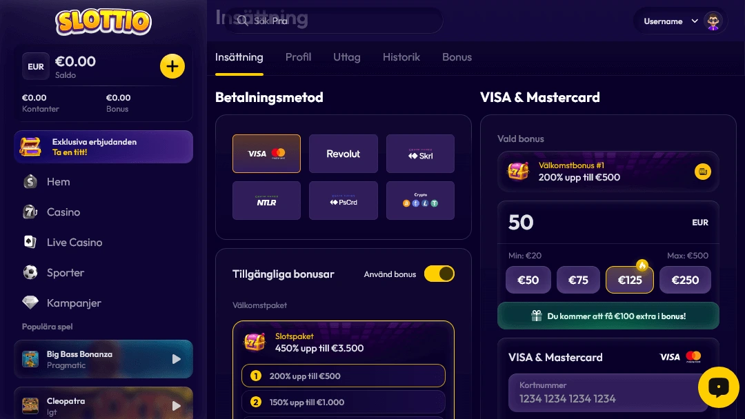 Visa betalning i Slottio Casino