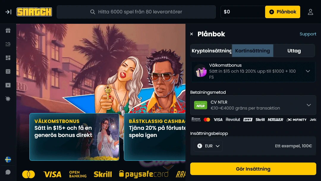 Skärmdump av Snatch Casino-plånbok med Neteller