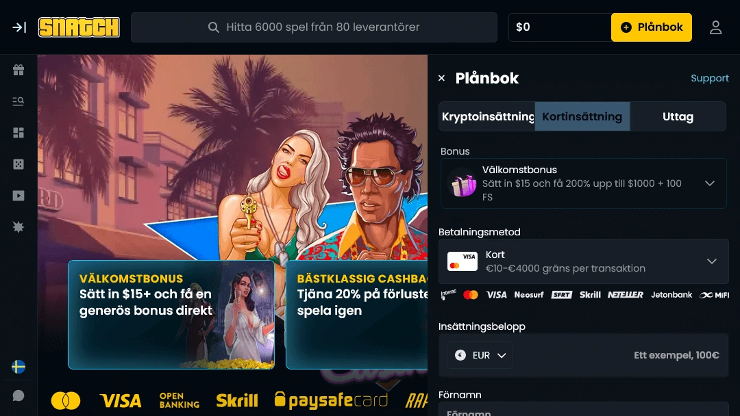Snatch Casino insättningssida med Visa