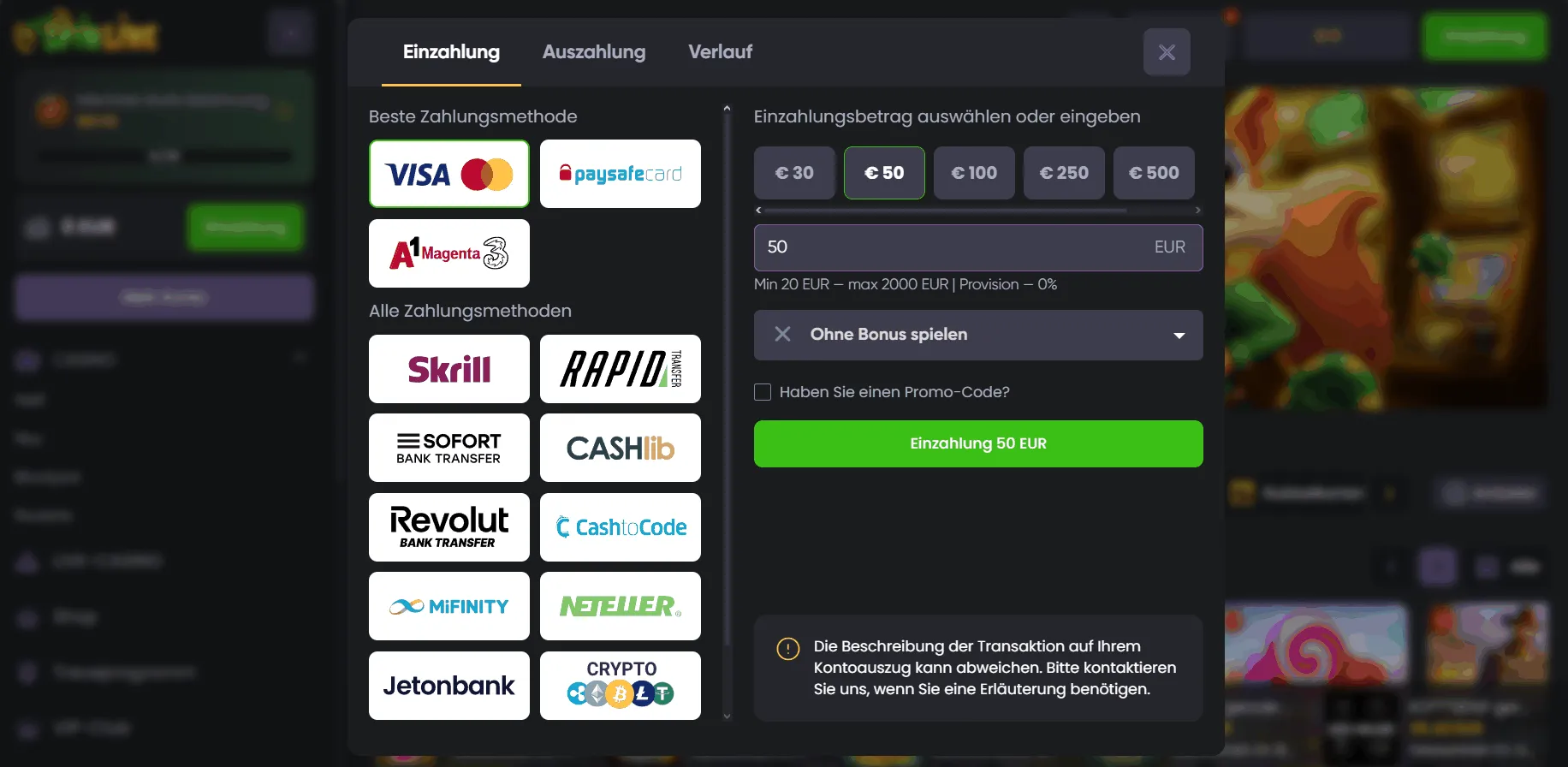 Spinline Casino Einzahlungsoptionen Einzahlung bei Spinline Casino