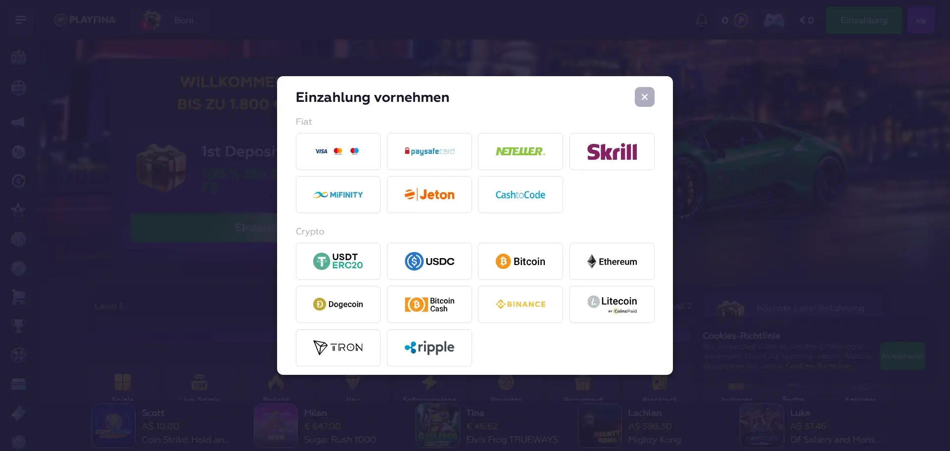 Einzahlungsarten im Playfina