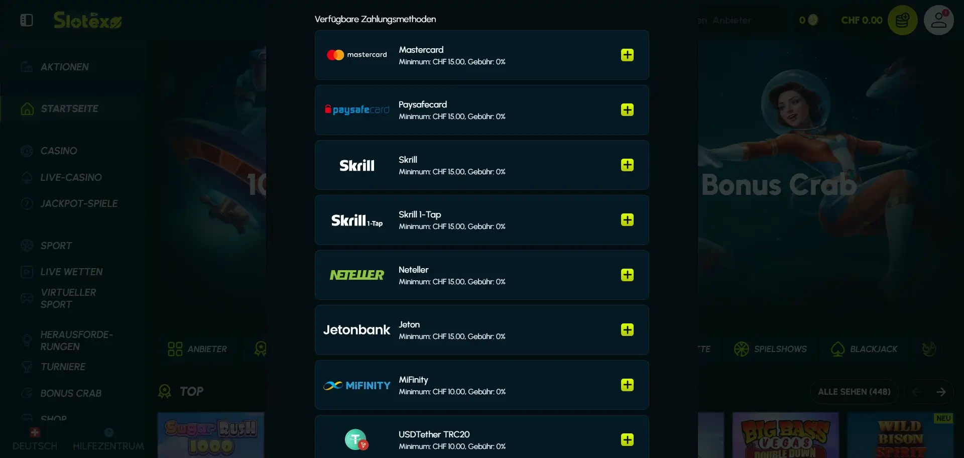 Zahlung und Einzahlung im Slotexo
