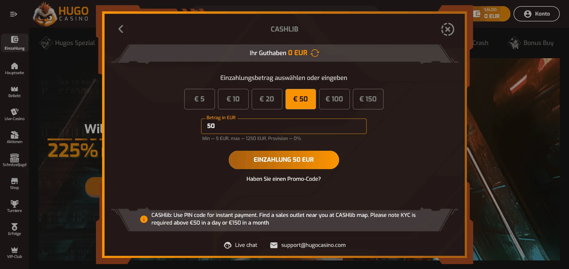 CASHlib-Einzahlungsfenster bei Hugo Casino