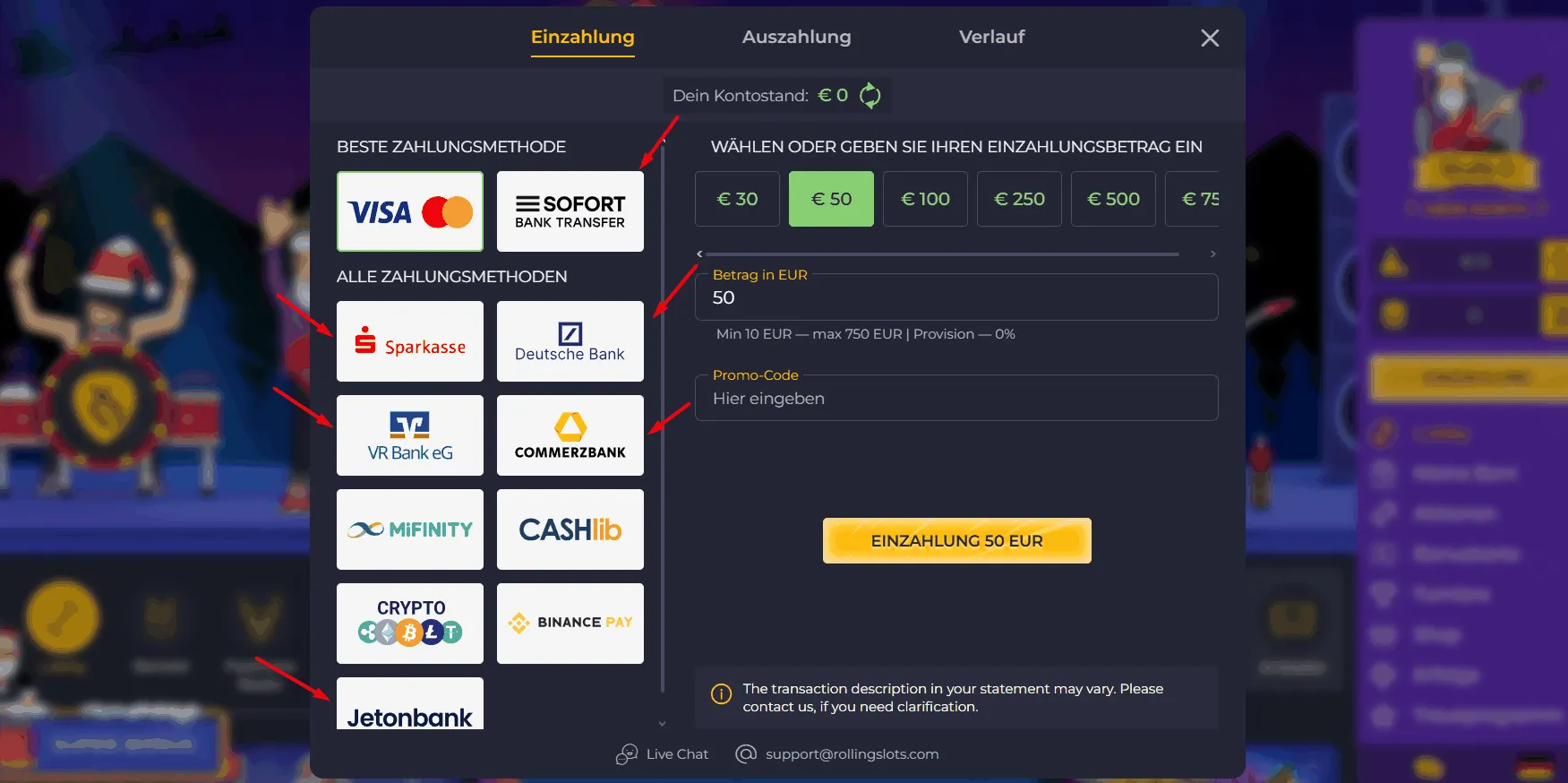 Rolling Slots Online Casino Bankueberweisung Bankueberweisung bei Rolling Slots Casino