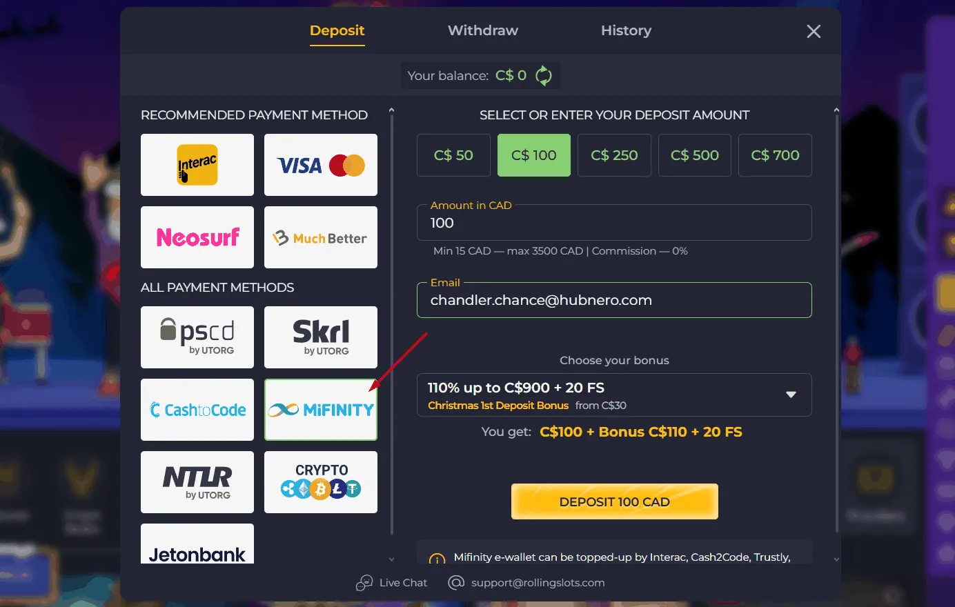 Rolling Slots Casino Mifinity Payments