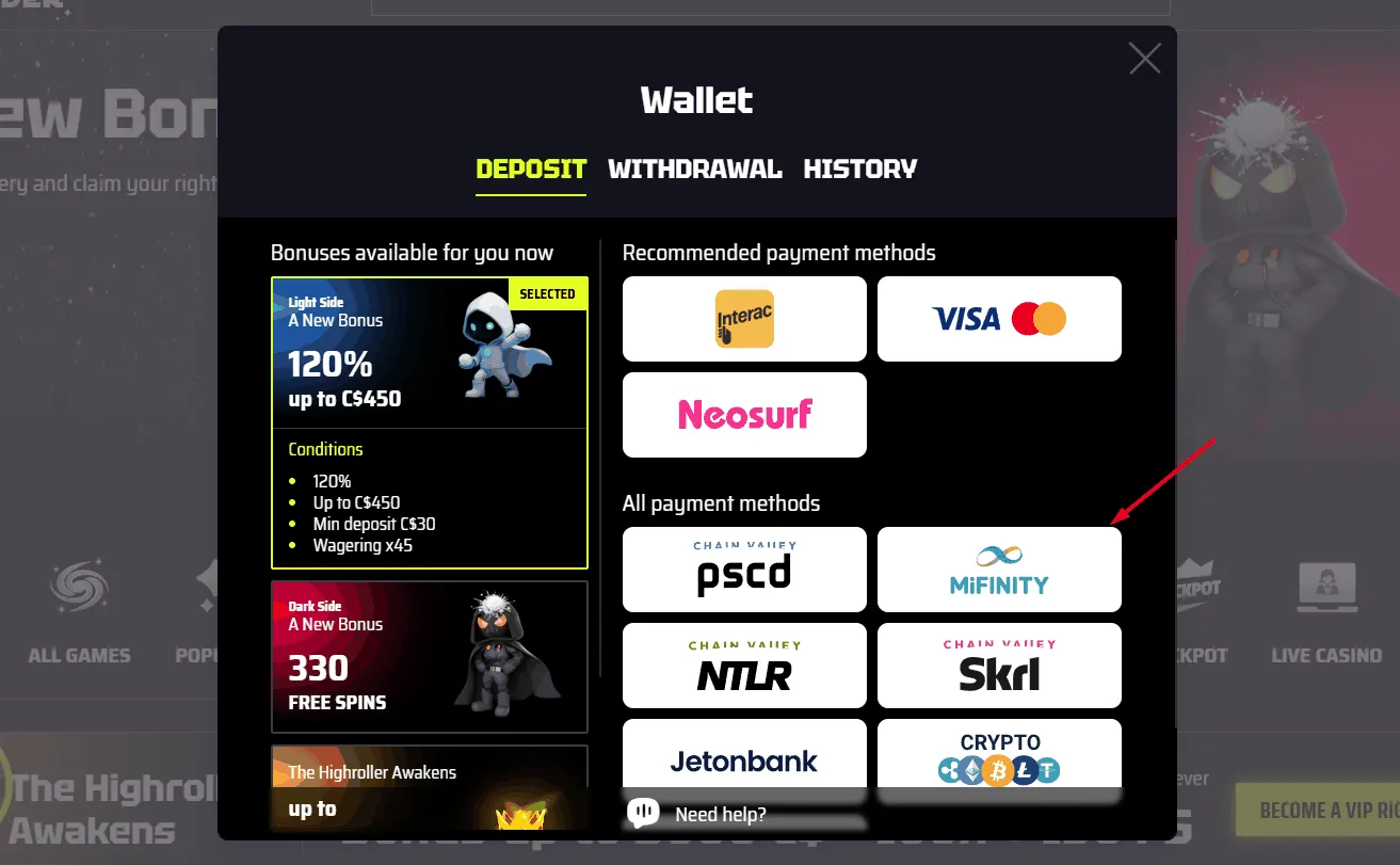 Slots Vader Casino Mifinity Payments