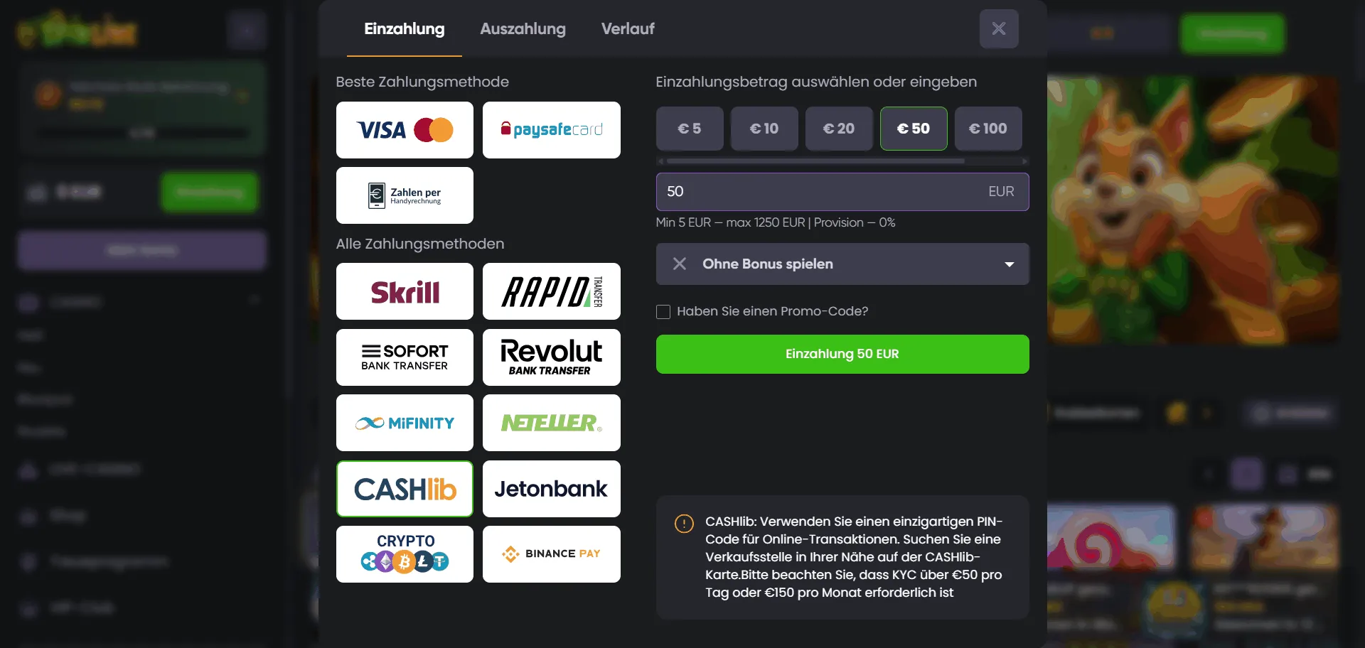 Cashlib Einzahlungsübersicht im Spinline