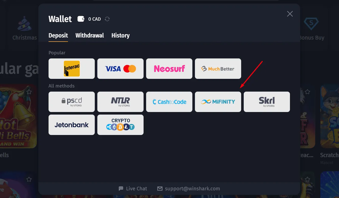Winshark Casino Mifinity Payments