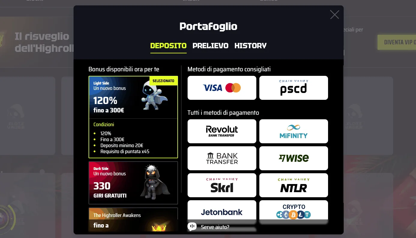 SlotsVader Casino pagamenti Postepay