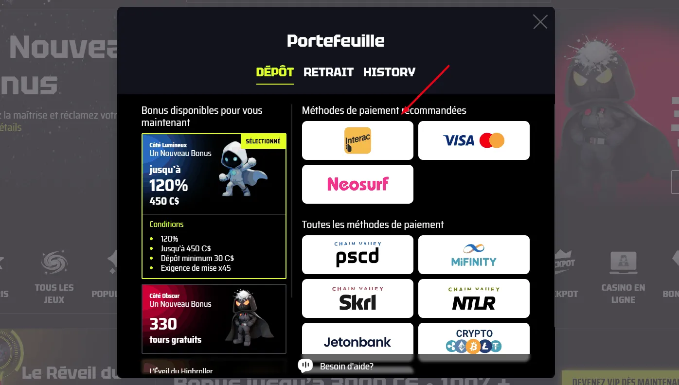 Paiement Interac sur SlotsVader Casino SlotsVader Casino avec Interac