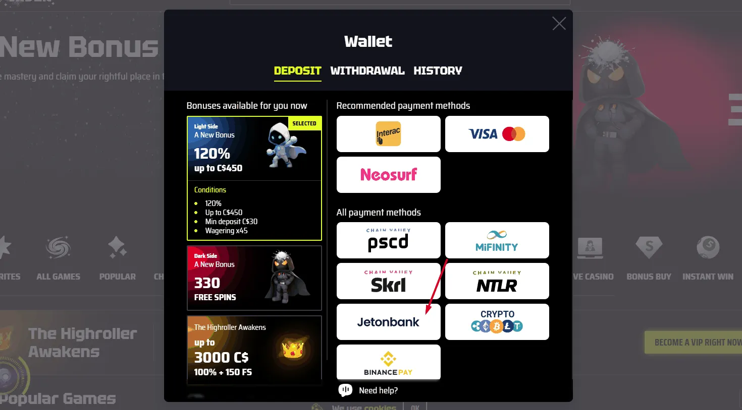 SlotsVader Jeton Casino