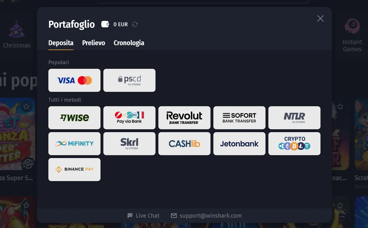 Winshark Casino pagamenti Postepay