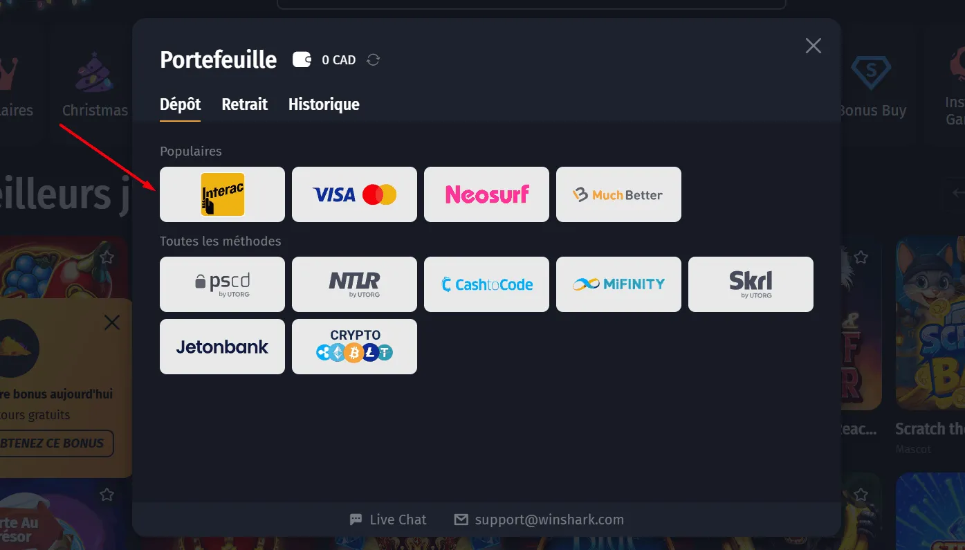 Paiement Interac sur Winshark Casino Winshark Casino avec Interac