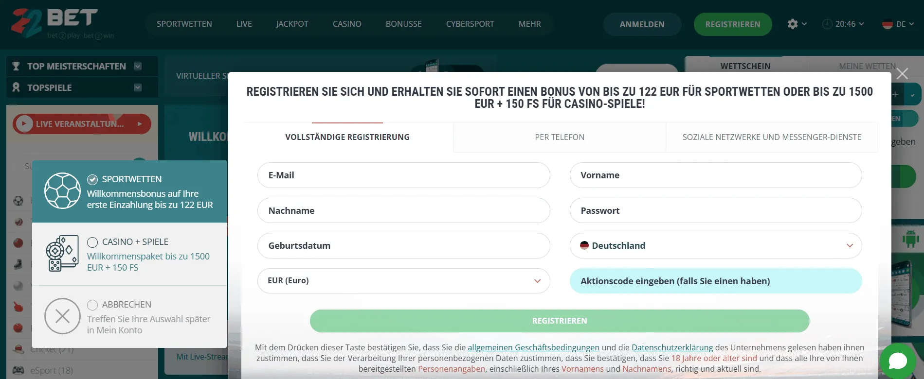 Registrierung bei 22Bet Casino 22bet Online Casino Registrierung