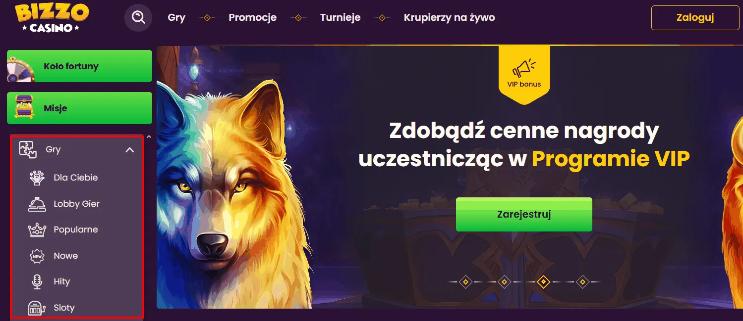 Bizzo Casino design strony