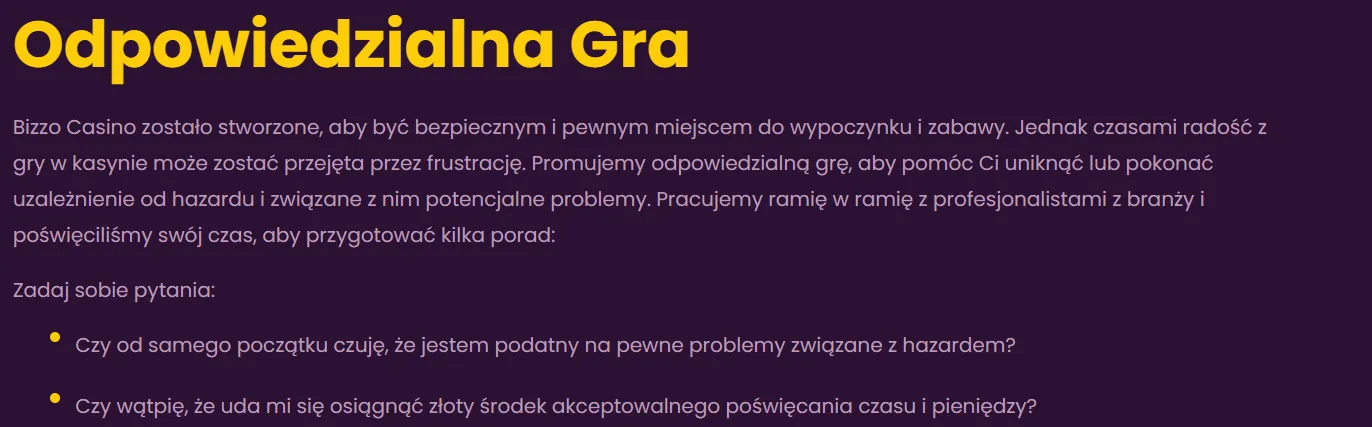 Bizzo Casino odpowiedzialna gra